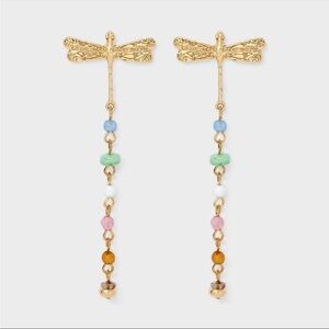 Universal Thread Gold Dragonfly Drop Earrings with Multicolor Beads NWT